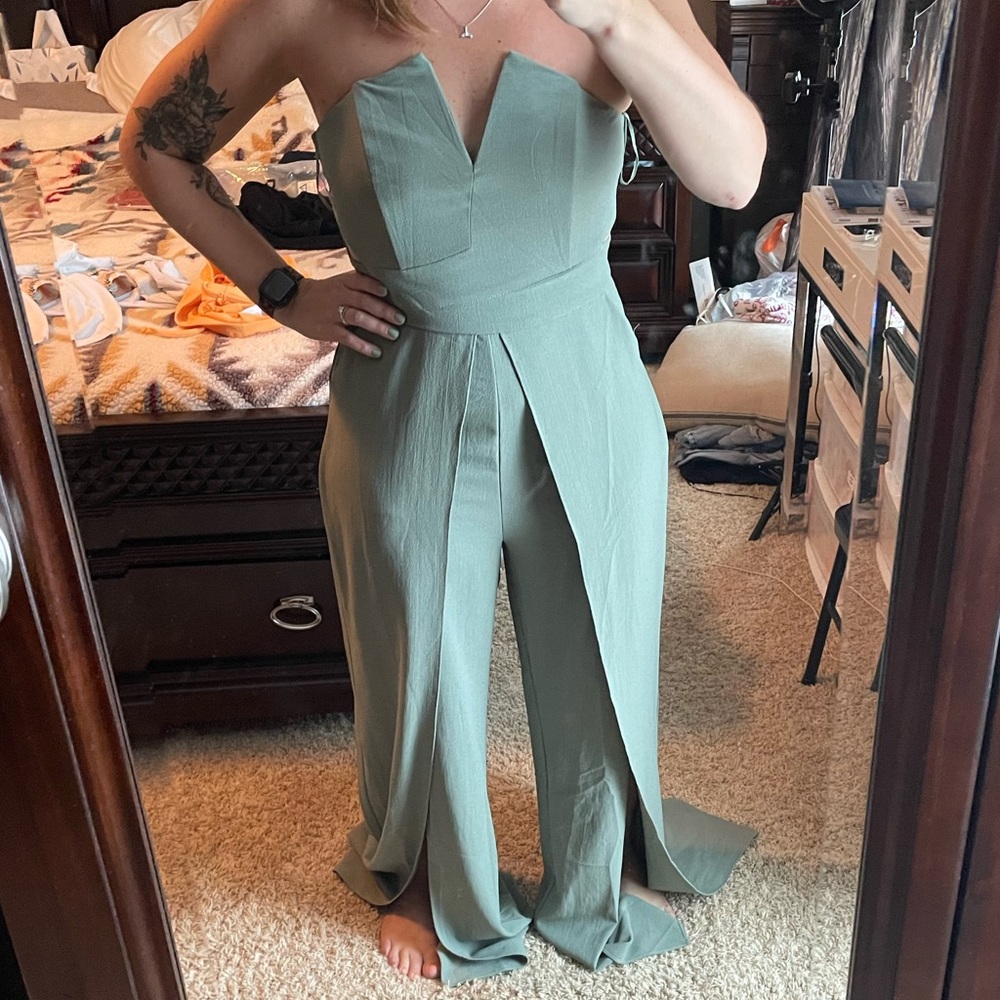 Olive Tulip Hem Legs Strapless Jumpsuit
